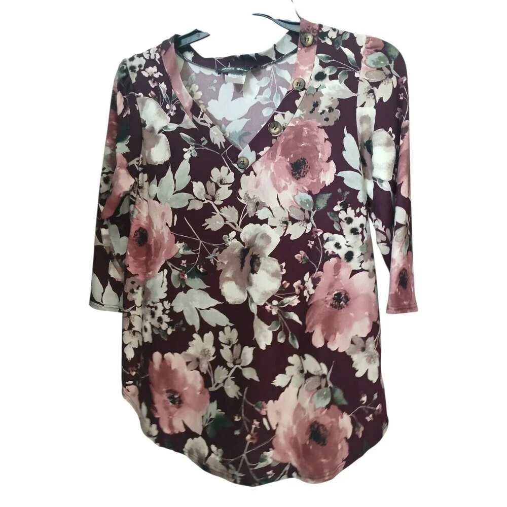 Altar Vixen Floral Blouse Size Small Burgundy Pink 3/4 Sleeve Boho Top - Picture 1 of 5
